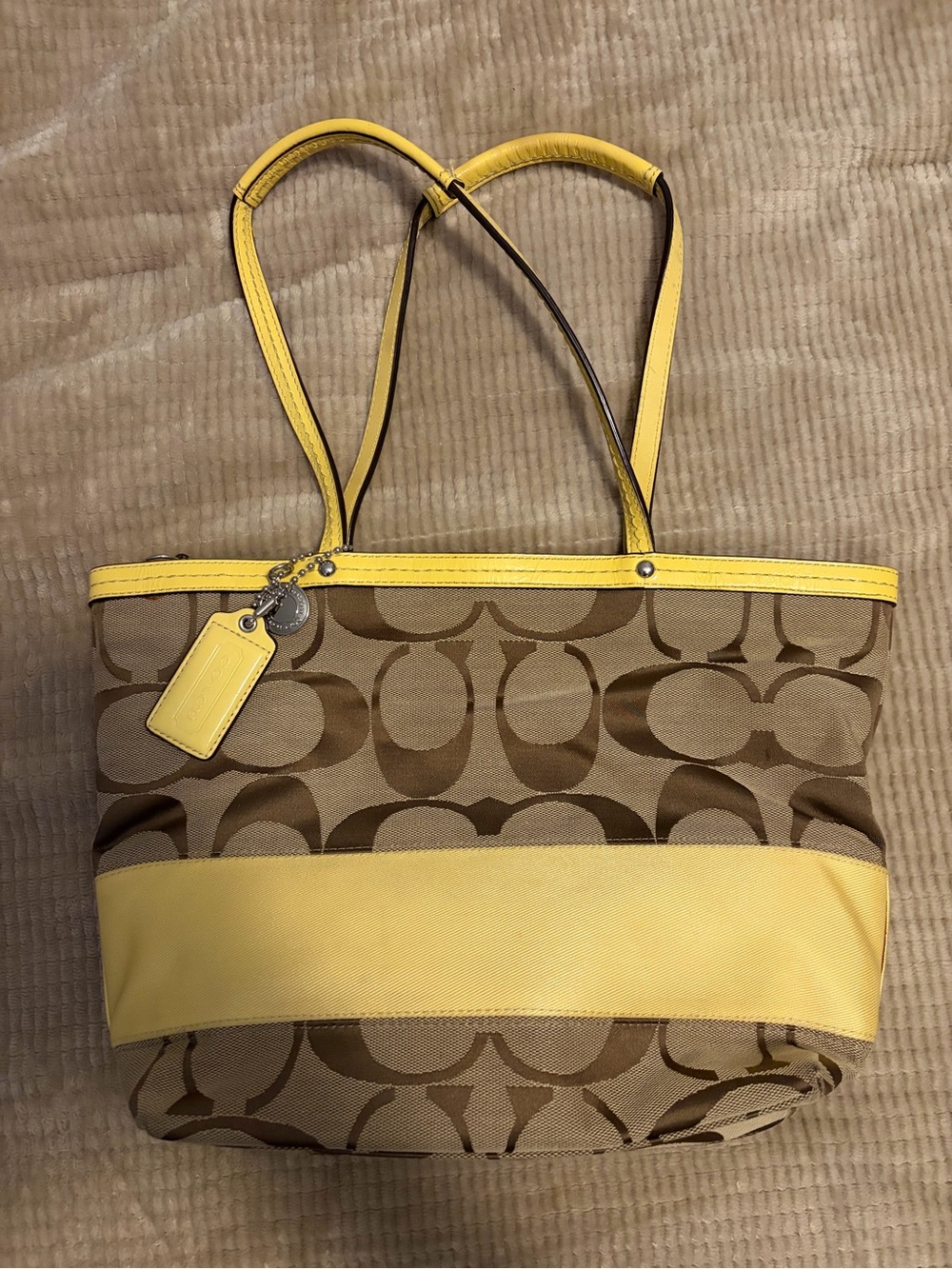 Vintage Coach Brown Signature Canvas Shoulder Tote with Yellow Trim